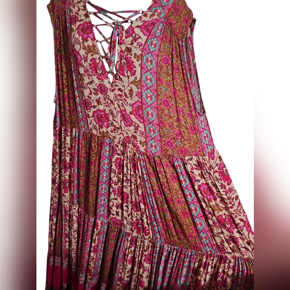 Free People Womens L Maxi Dress Pink Floral Patchwork Lace Up Tiered Boho - Picture 5 of 8